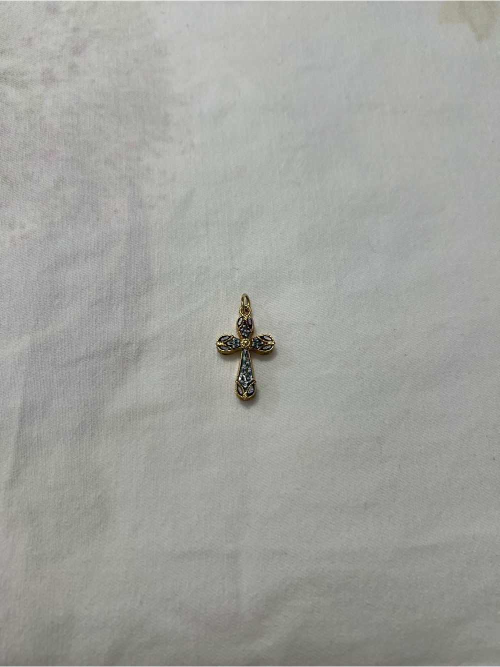Vintage Gold Tone Italian White & Blue Micro Mosaic Cross Pendant Charm